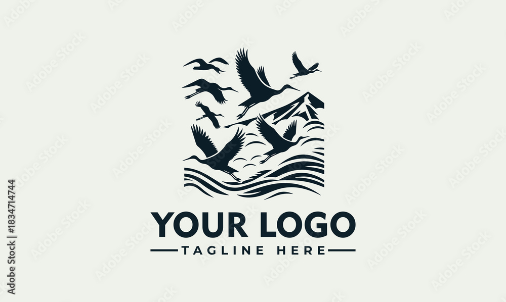Fototapeta premium Flock of flying geese over ocean waves and mountains vector. logo. illustration