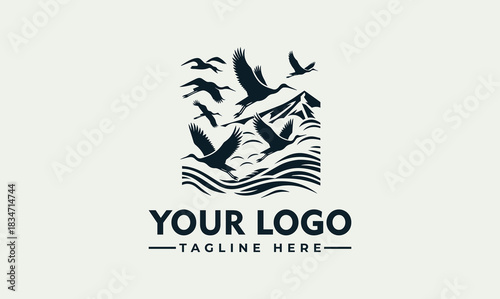Flock of flying geese over ocean waves and mountains vector. logo. illustration