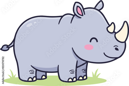 Cute cartoon rhinoceros illustration with soft colors and smiling expression, perfect for kids’ books, educational materials, and animal-themed designs.