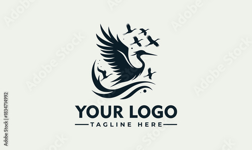 Elegant flying heron bird vector logo illustration with swirling waves and a flock. Nature branding graphic design