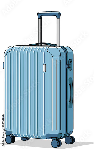 Modern blue travel suitcase with wheels and telescopic handle, lightweight luggage illustration perfect for travel blogs, packing guides, and vacation-related designs