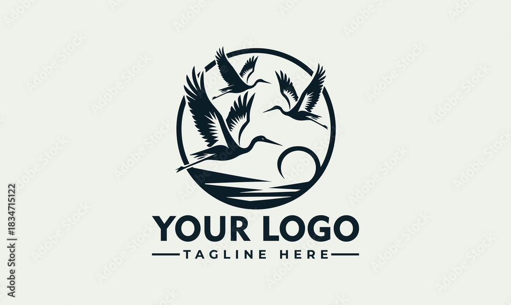 Naklejka premium Elegant flying cranes vector logo illustration representing nature and freedom, classic EPS style