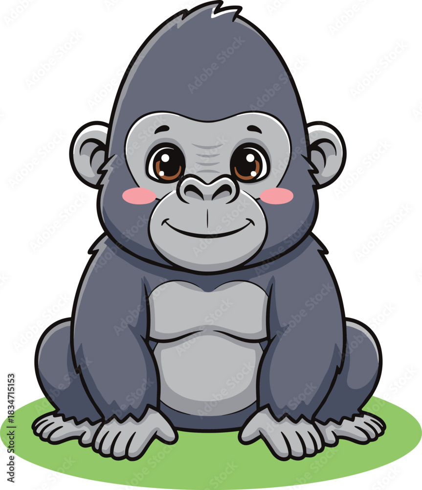 Fototapeta premium Cute baby gorilla sitting on grass, adorable cartoon animal illustration with big brown eyes and friendly smile, perfect for kids art and designs.