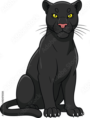 Elegant black panther sitting calmly with yellow eyes, fierce wild cat illustration perfect for wildlife art, jungle designs, and animal-themed graphics.