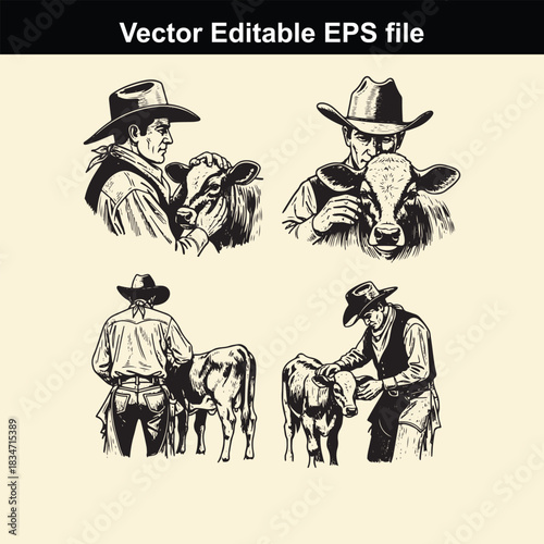 vector editable eps file featuring four black and white illustrations of cowboys interacting with calves, showing different poses and perspectives of ranch work