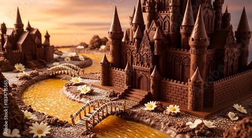 Enchanted Chocolate Castle with a Flowing Caramel River.