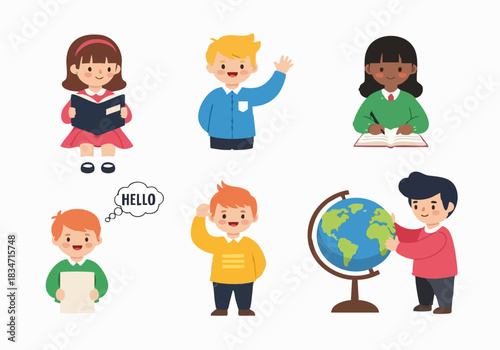 Six cartoon children are depicted in various learning activities, including reading, writing, speaking, and interacting with a globe.