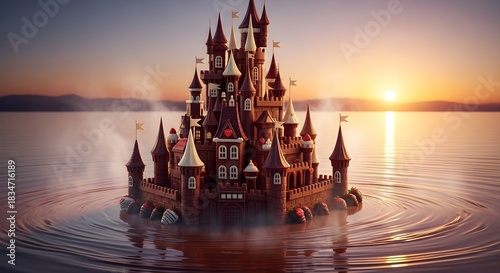 Fantasy Castle Floating on Water During a Golden Sunset.