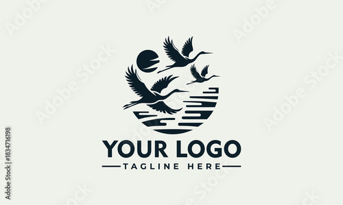Vector logo illustration of flying birds over water with sun