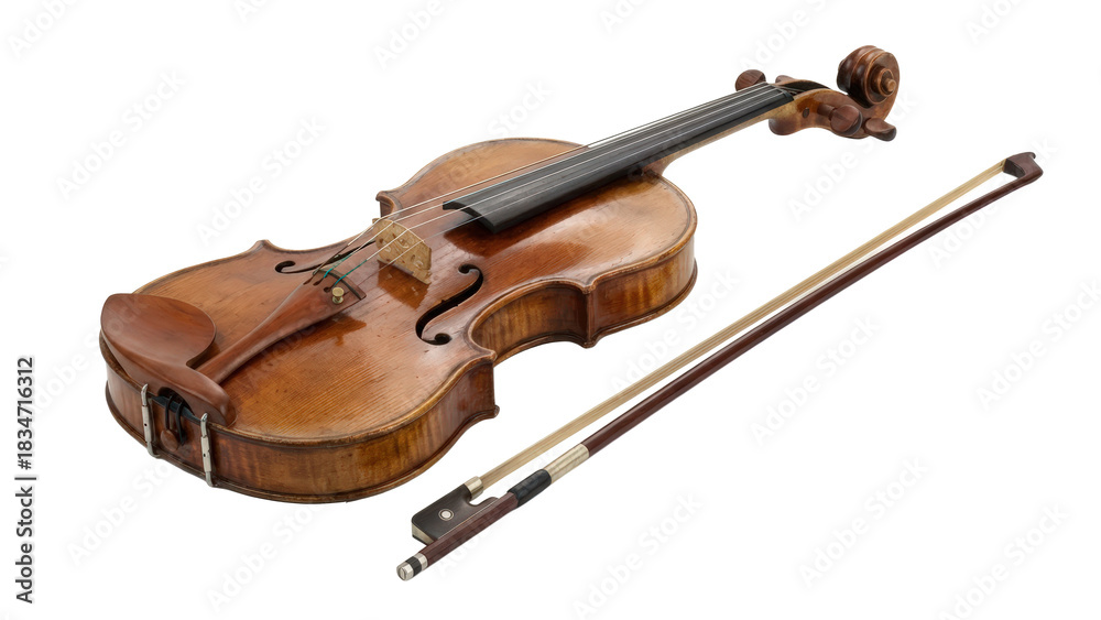 Fototapeta premium Beautiful old wooden violin and bow classic string instrument for orchestral music isolated on transparent background