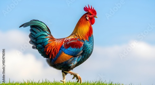 Colorful Rooster Walking on Green Grass Under a Blue Sky.