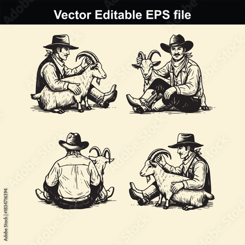 vintage vector illustration set depicting cowboys interacting with goats in various poses, perfect for western or farmthemed design projects