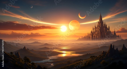 Fantasy Kingdom Sunset Over Misty Valley.