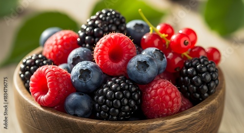 Fresh Mixed Berries in a Wooden Bowl.
