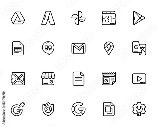 Google Suite icon set. Vector line icons collection.Includes symbols for Drive Gmail, Calendar, Photos, ouTube, Maps, Sheets, Slids and more.