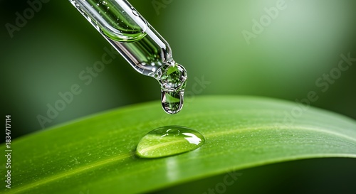 Close-up of liquid drop falling from dropper onto leaf