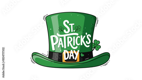 Festive St. Patrick's Day greeting with a hand-drawn green leprechaun hat and lucky shamrock design isolated on white