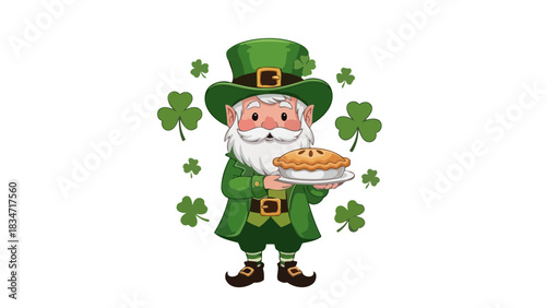 Jolly magical character celebrating an Irish tradition with a delicious pie surrounded by lucky shamrocks, embodying the spirit of festivity and good fortune