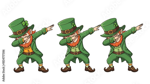 Three playful cartoon leprechauns in traditional green outfits celebrating St. Patrick's Day with a trendy dab pose, bringing a fun and festive spirit to holiday designs