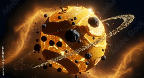 Celestial Golden Planet Surrounded by Fiery Nebula and Asteroids.