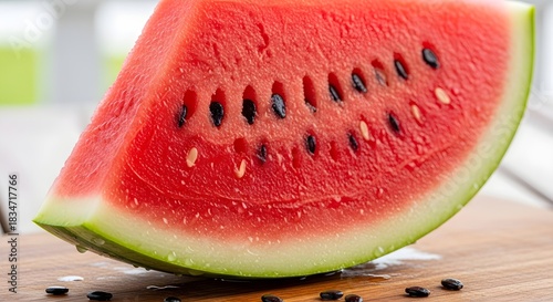 A fresh slice of ripe red watermelon on a wooden board.