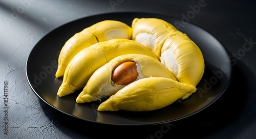 Fresh Ripe Durian Fruit on a Black Plate.