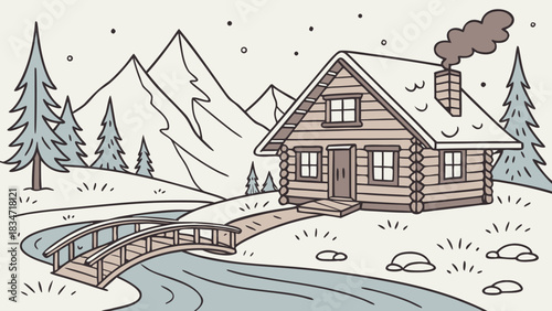 Winter scene featuring a log cabin, snow covered mountains, trees, and a small bridge over a river