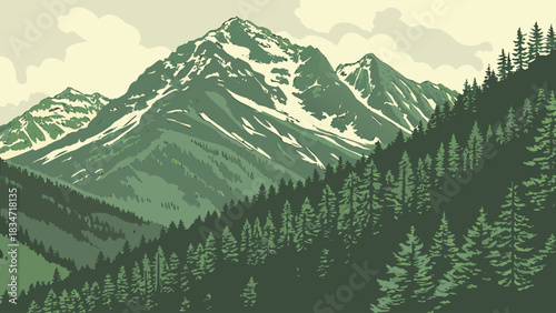 Illustration of a mountain range with snow and a dense forest in the foreground landscape view