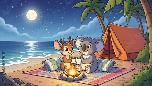 Cute Deer and Koala Camping on the Beach at Night.