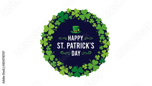 Vibrant green shamrock wreath illustration for St. Patrick's Day, featuring a festive top hat and cheerful holiday greeting, symbolizing Irish culture and luck