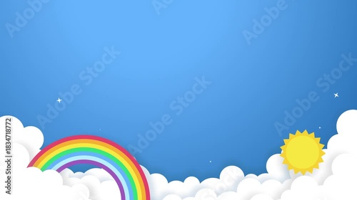 Paper cut summer day background with sun, clouds, and rainbow, featuring wide copy space. Perfect for kids content, cheerful themes, seasonal projects, and playful visuals.