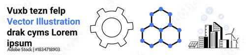 Abstract gear, hexagonal molecular structure, and modern sustainable cityscape with wind turbines and solar panels. Ideal for technology, innovation, sustainability, energy, engineering, research