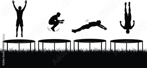 Black Silhouette of People Jumping on Trampolines, Outdoor Park Recreation and Fitness Activity, Vector Illustration Set for Exercise, Sport, and Fun Concepts.