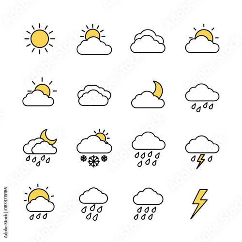 A diverse collection of flat design weather icons, representing various atmospheric conditions from clear skies to rain, snow, and thunderstorms.