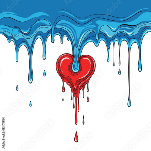 Vibrant illustration of blue liquid flowing into a stylized red heart, with red drips falling below, symbolizing emotional depth and pain.