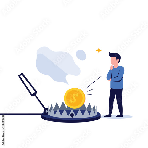 A man contemplates a golden coin placed as bait on a sharp trap, representing financial risk and temptation.