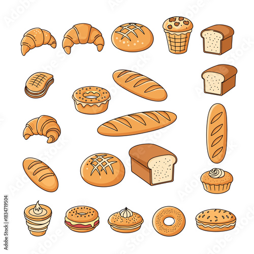 A vibrant collection of freshly baked bread, croissants, donuts, and sweet pastries, ideal for breakfast or dessert menus.