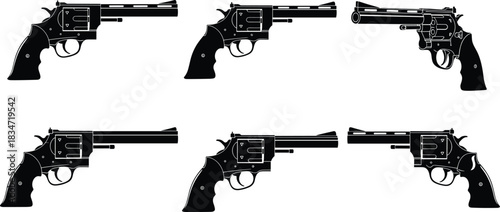 Set of revolver gun silhouettes, vintage handgun vector collection, firearm outline illustration for design, security concept, enforcement theme, isolated white