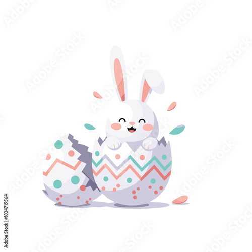 A cute white bunny happily hatches from a colorful Easter egg, surrounded by flying particles, symbolizing new beginnings and spring celebration.