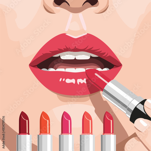 Close-up of a woman's mouth applying vibrant red lipstick, with a selection of various lipstick shades arranged below, showcasing cosmetic beauty and makeup choices.