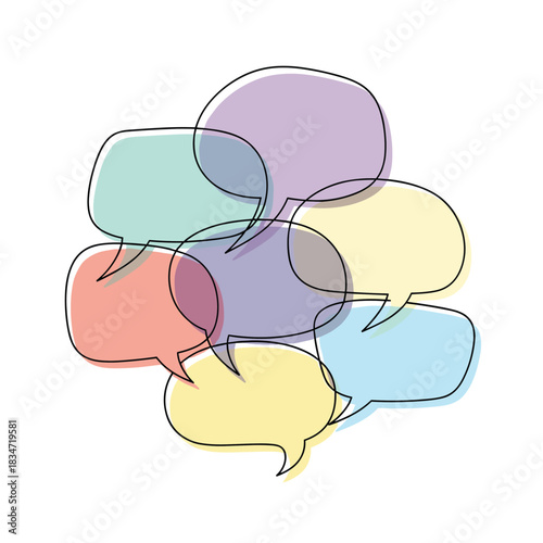 A vibrant array of transparent speech bubbles in soft pastel colors, signifying interconnected conversations, dialogue, and shared thoughts.
