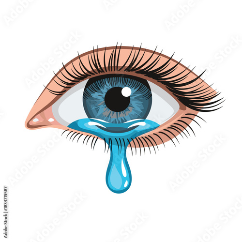A striking illustration of a human eye with a vibrant blue iris shedding a single tear, conveying strong emotions like sadness or pain.