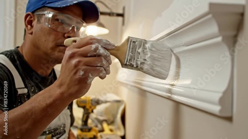 Painting Decorative Molding: Professional Painter Applying White Paint with Brush, House Renovation