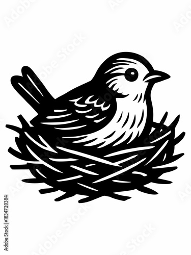 Foto Black and white illustration of a bird sitting in a nest.