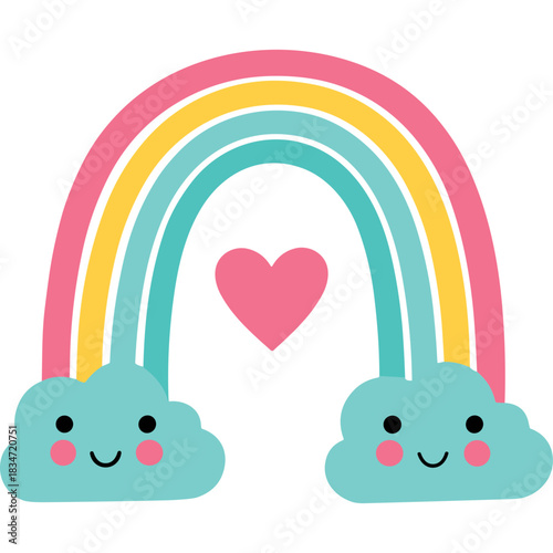 Cute Pink Heart Rainbow Arching Over Two Smiling Blue Clouds With Blush Cheeks and Happy Expressions on a Transparent Background