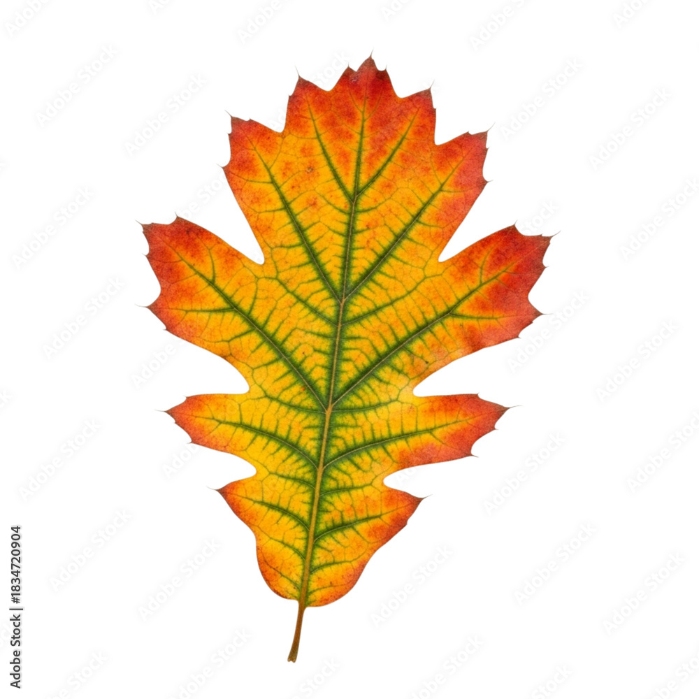 Fototapeta premium Autumn oak leaf with vibrant red, orange, and green colors on black background autumn leaf