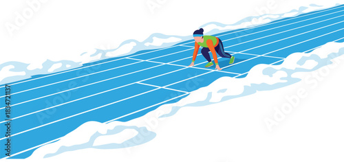 Athlete starting sprint on blue running track covered in winter snow flat vector artwork with solid colors