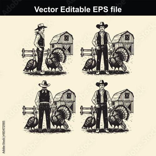 vintage engraving style illustration set featuring four separate vignettes of cowboys or farmers standing next to large turkeys near rustic barn structures, suitable for thanksgiving themes
