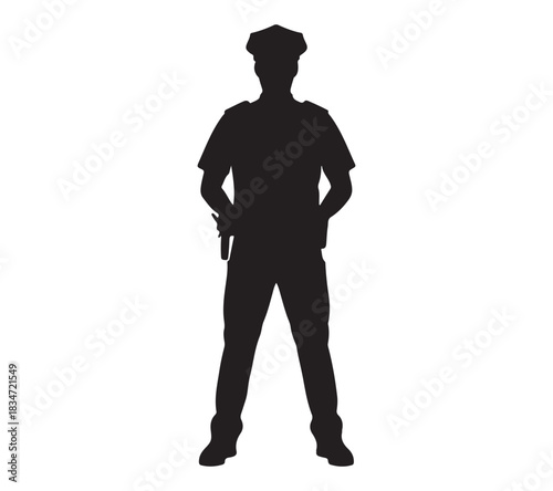  Silhouette of a police officer standing with hands at sides wearing a hat and uniform