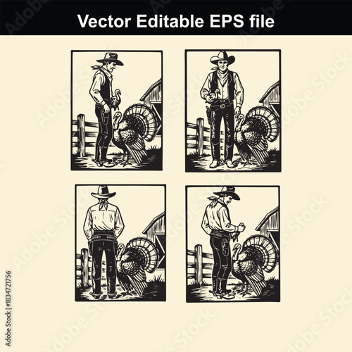 four vintage style woodcut illustrations depicting a cowboy standing next to a turkey in various poses, suitable for thanksgiving or western themes